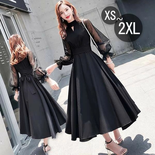 限定セールドレス ミモレ丈 大人 ピアノ 発表会 ドレス 演奏会 ミディアムドレス 袖あり ビショップスリーブ 透け感 ハイアネック パーディードレス Aライン 後ろリボン フォーマル 小さいサイズ