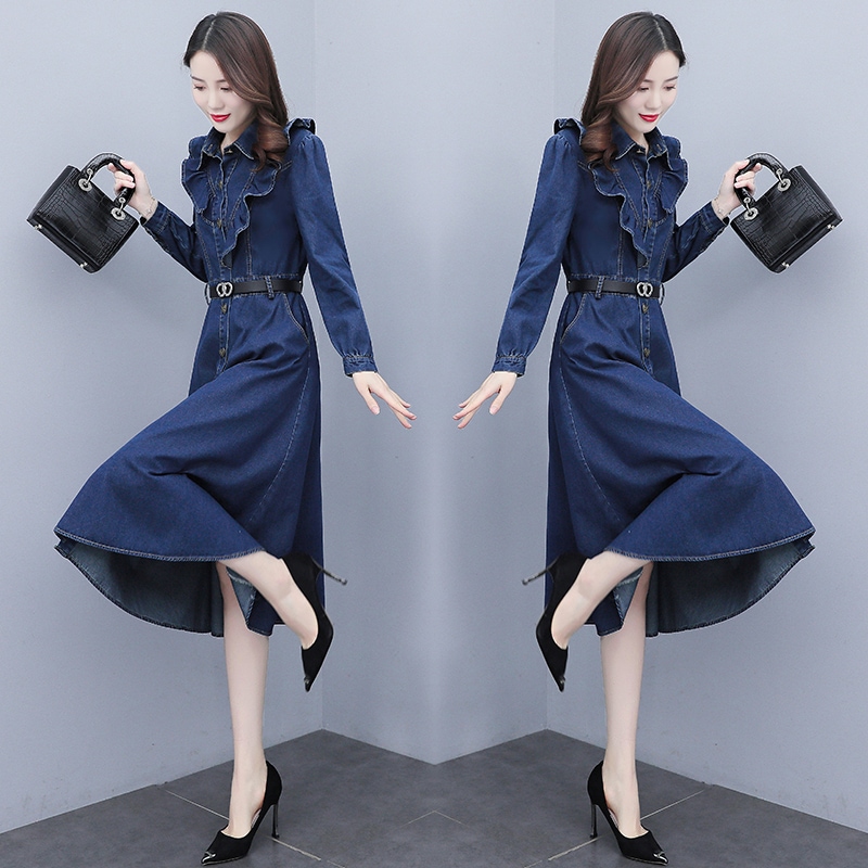 デニムシャツワンピース ワンピース シャツワンピース デニムワンピース 膝丈 ひざ丈 袖あり 長袖 襟付き フレア フリル ハイウエスト 前開き 綿 デニム かわいい 大人可愛い きれいめ シンプル 6,421円