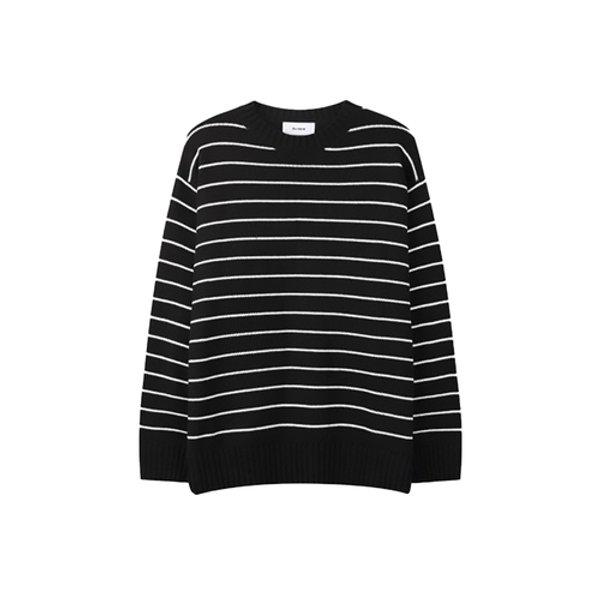メンズ ストライプ エルボー ラウンド ニットTシャツ RM-KN-Q067-ブラック