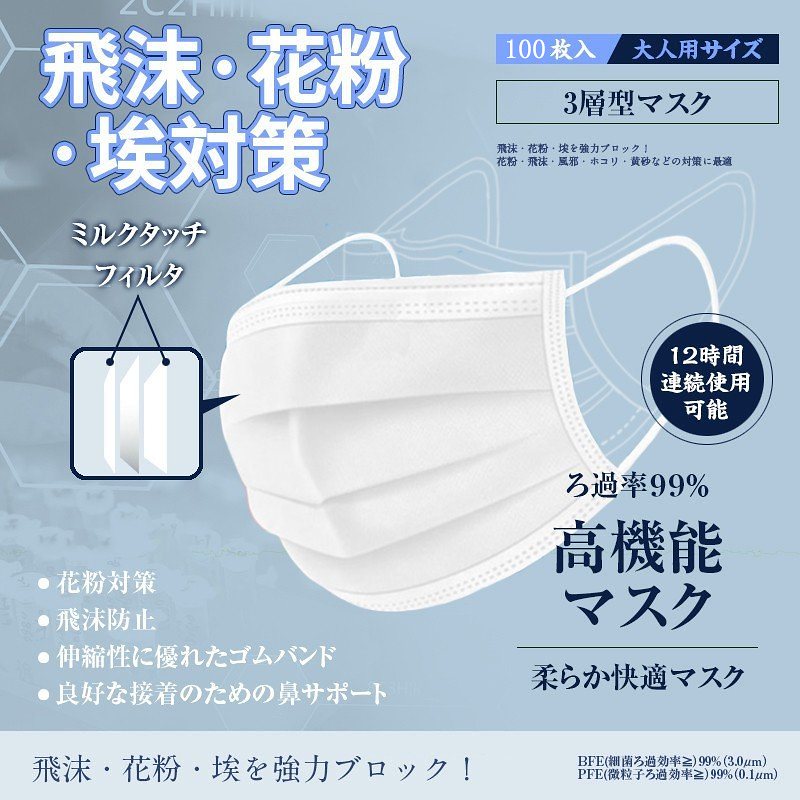 100枚入り在庫あり[ 送料無料 即納] 3層式 マスク100枚入り　使い捨てマスク 不織布 フェイスマスク 男女兼用 ウィルス対策 ウイルス 日本国内発送 防塵 花粉 飛沫対策