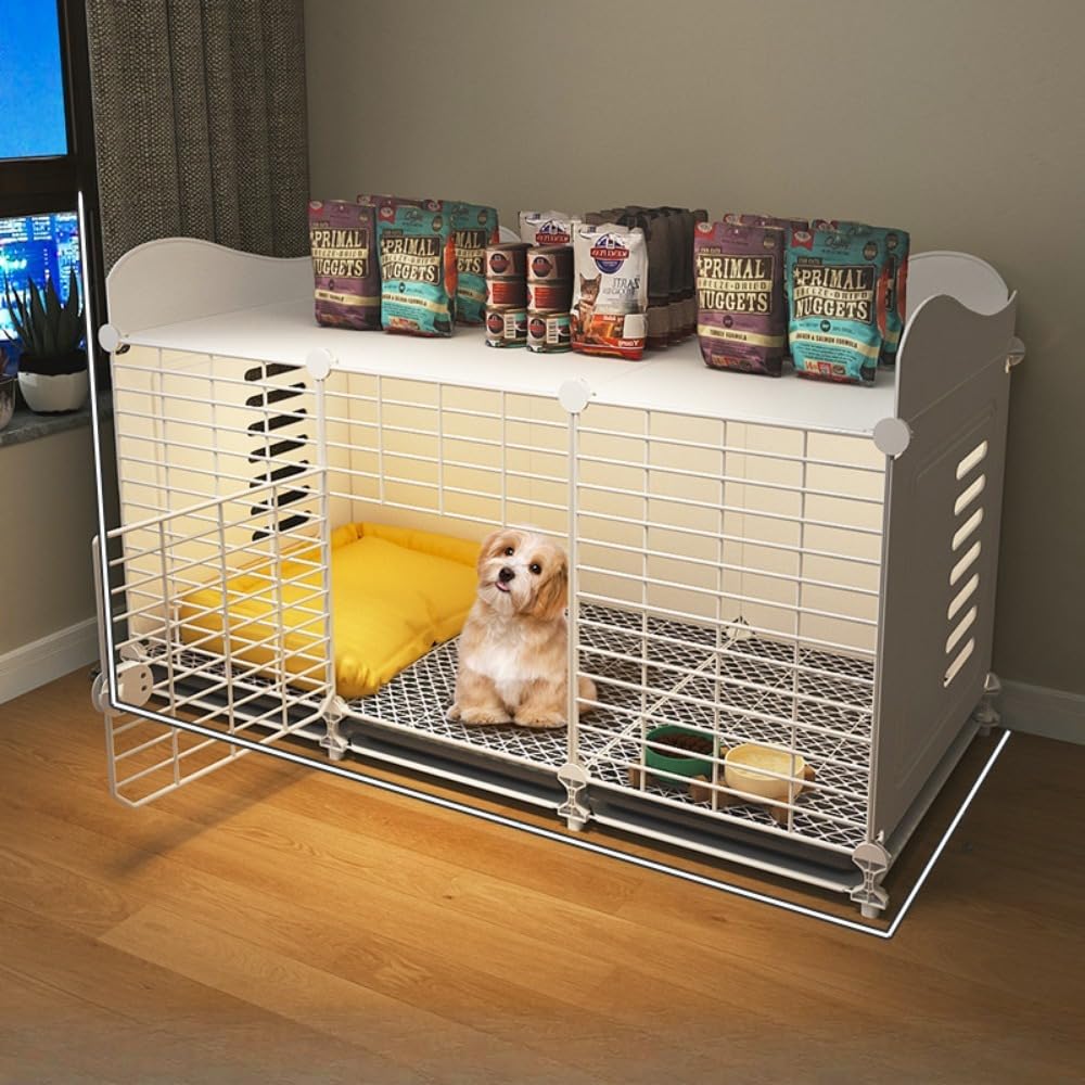 ペットケージ ペットハウス トレイ付きでお手入れ簡単 中型犬 小型犬用 屋根と車輪付き トイレトレーニング 脱走防止 レイアウト自由 大容量 組立簡単 室内外兼用 ホワイト (無輪 3 段式+収納用パ