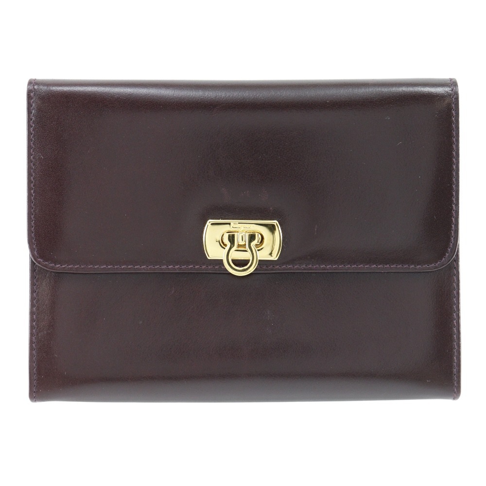 Salvatore Ferragamo サルヴァトーレフェラガモ ガンチーニ ポーチ カーフ ワインレッド レディース 中古品