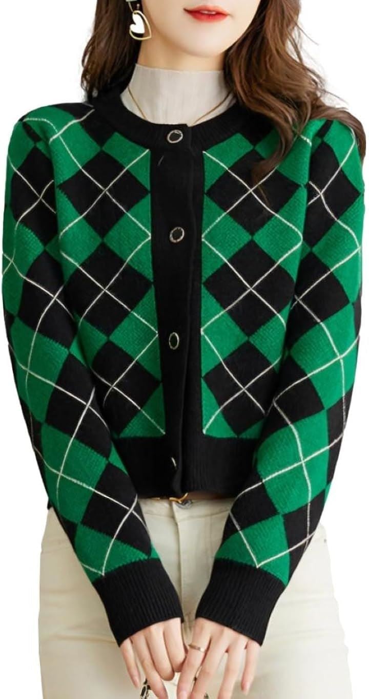 ニットカーディガン アーガイル柄 レディース ゴールドボタン 羽織 ボックスシルエット ラウンドネック 秋冬 上品 柄物 ポリエステル素材 個性的 ビジューボタン(グリーン, L)
