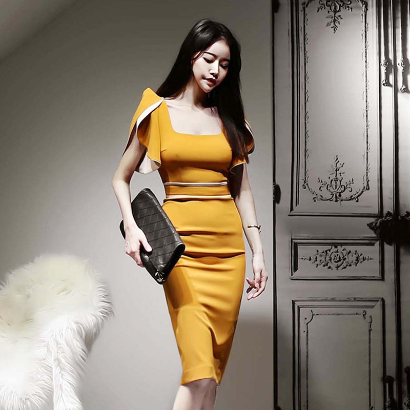 ワンピース レディース タイトワンピース 膝丈 ミモレ丈 袖あり 半袖 萌袖 スクエアネック 襟なし