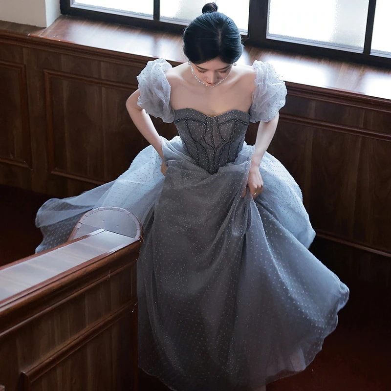 2024新品追加パーティドレス ブルー フレンチ ワンピース 韓国ファッション プリンセススカート 卒業式 結婚式 誕生日 演奏会 花嫁 司会