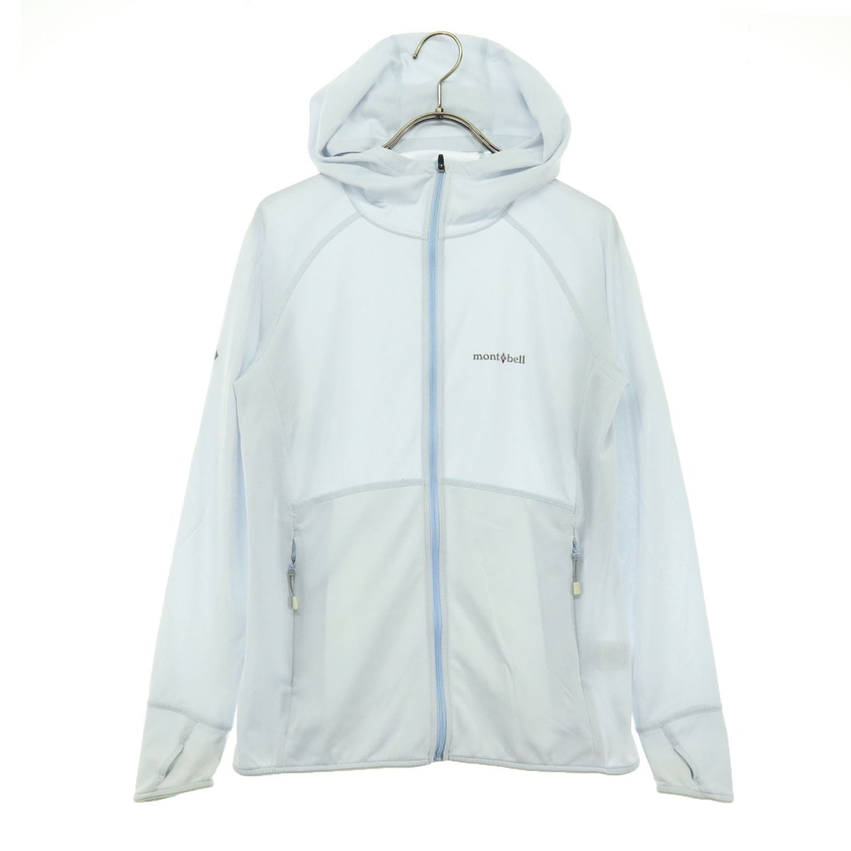 美品 mont-bell モンベル ワンポイント 長袖 フードジャケット M ライトブルー クールパーカー アウトドア レディース 古着
