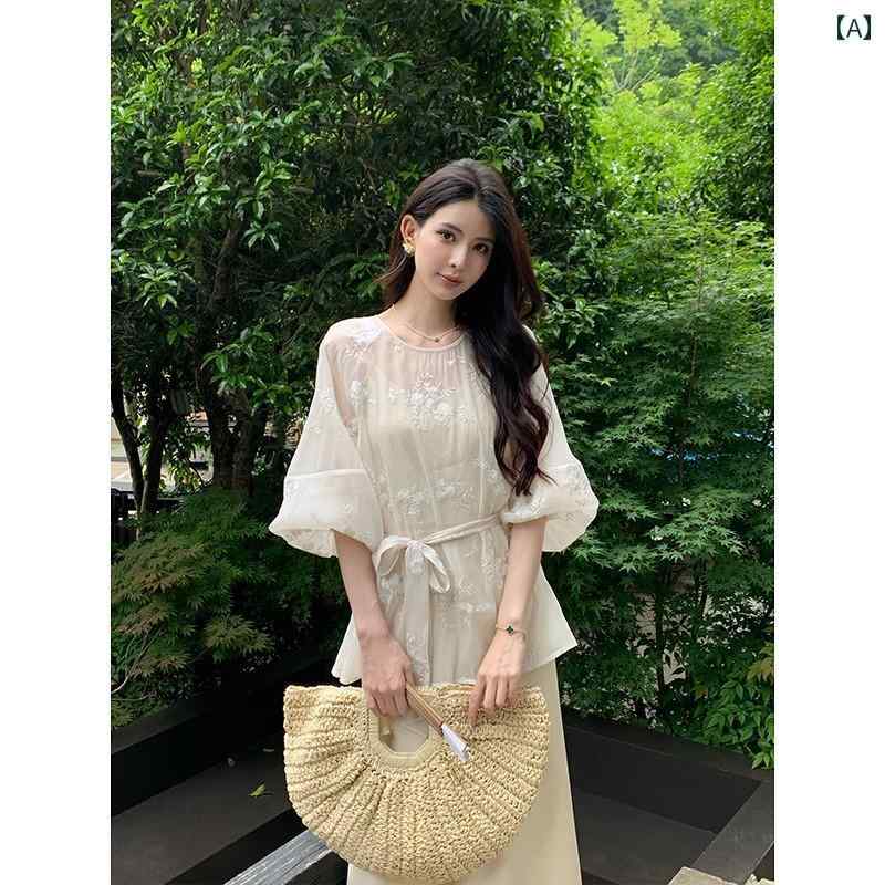 トップス レディース 上品 おしゃれ カジュアル ラウンドネック ランタン スリーブ シャツ ウエストが タイト 夏