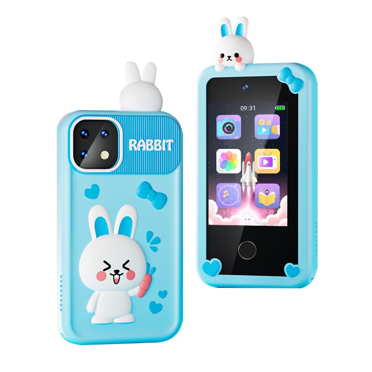 キッズスマホ おもちゃ 子供用 子ども スマホ スマートフォン 前後カメラ 自撮り 知育 英語学習 ユニコーン 恐竜 メモリーカード シリコンカバー ストラップ付 (ブルー 兎)