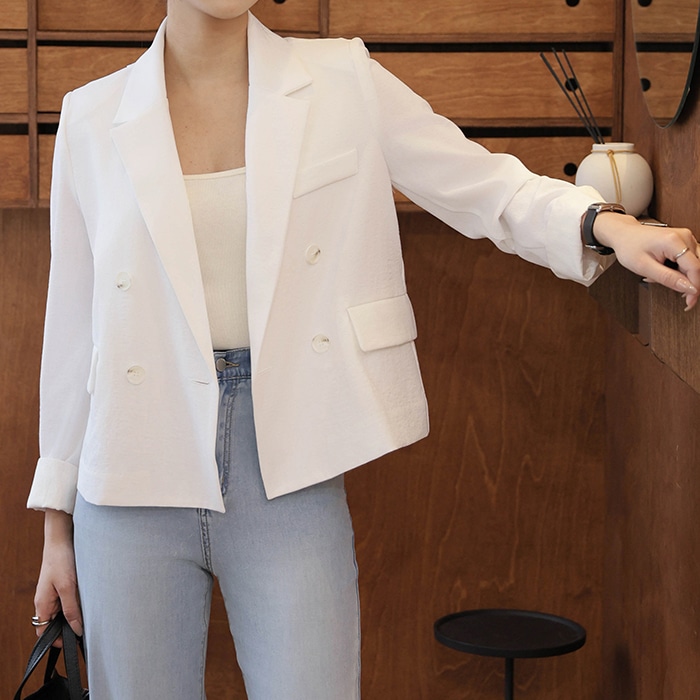 [韓国ファッション] テーラード カラネック ツーボタン リネン 配色 ジャケット