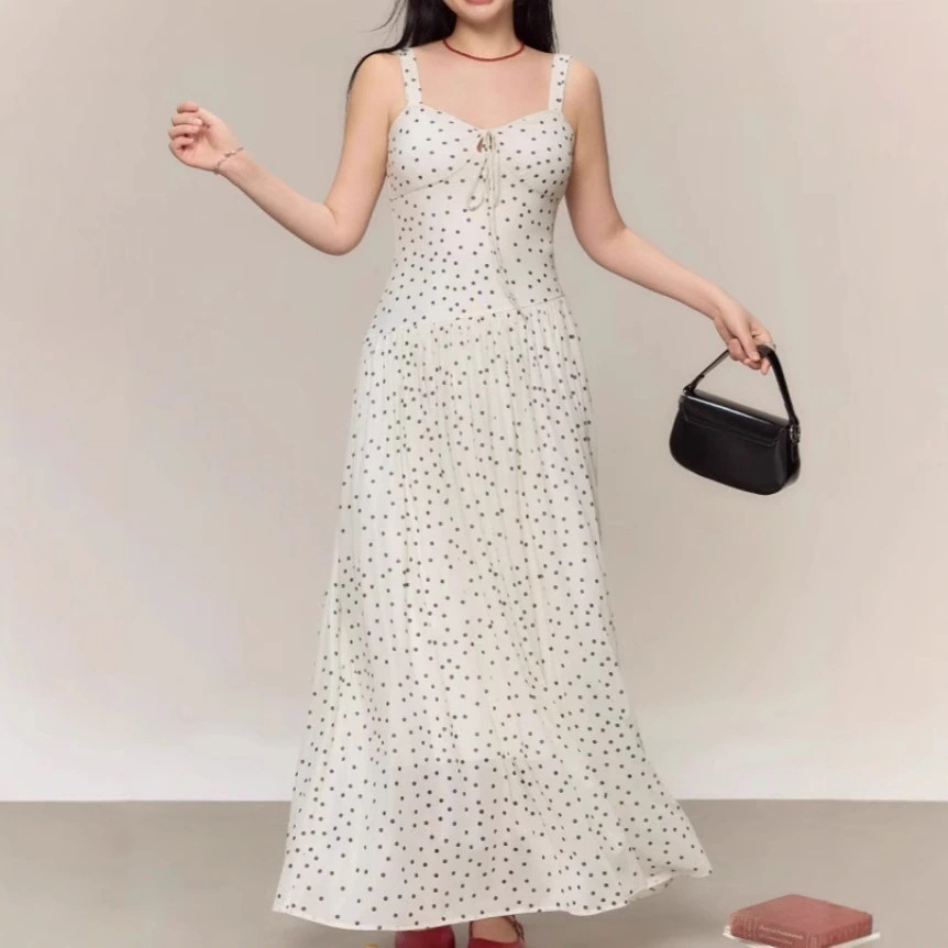 【急速発送】低身長霊動少微復古波点キャミワンピース秋の万能アイテム