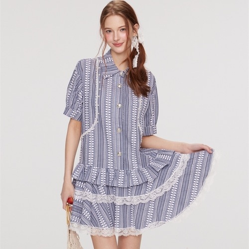 グレーチェックパターンレーストリミングシャツワンピース