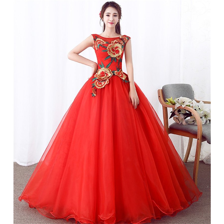 パーティドレス ウェディングドレス 演奏会用ロングドレス カラードレス Ａライン 大きいサイズ レッド