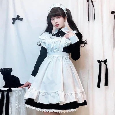 【20点セット】【急速出荷】ロリータ メイド服 ワンピース 長袖 コスプレ コスチューム メイドカフェ 制服 エプロン メイドハロウィンコスプレ