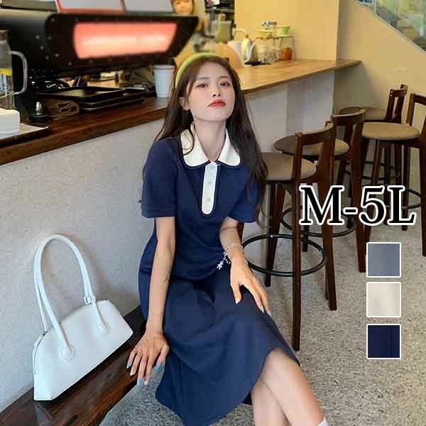 ワンピース レディース ベージュ グレー ネイビー 襟付き ワンピース 半袖 夏ワンピ 大きいサイズ 着やせ Aライン ml013zezeg5