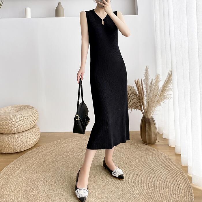 ワンピース ロングワンピ ニット 涙開き エレガント ノースリーブ レディース きれいめ カジュアル ミモレ丈 おしゃれ 大人 可愛い ワンピ ドレス タイト スリム グリーン 緑 ベージュ ピンク