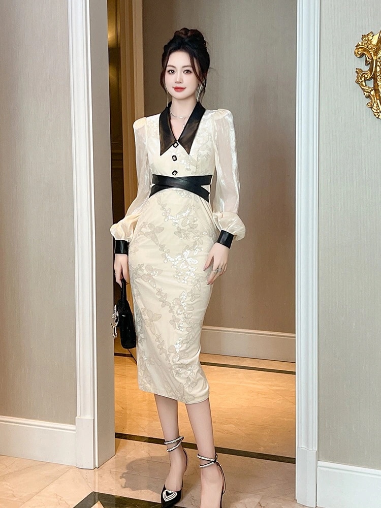 秋冬 ファッション長袖 ドレス キラキラ 蝶飾り スリム ワンピース キャバ 卒業式 結婚式 ウェディング 二次会 パーティードレス ワンピース
