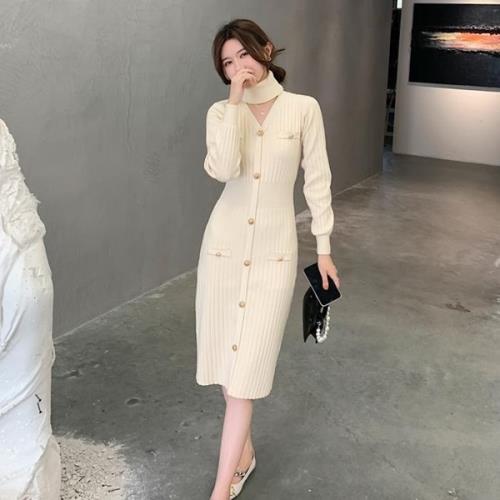【即納】リブニット ワンピース タイト 白 40代 ニットワンピ タイトワンピ 韓国 無地 Vネック 秋 冬 長袖 ミモレ おしゃれ 可愛い ネックウォーマー リブニット バルーン袖 きれいめ 上品