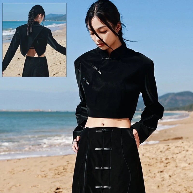 チャイナ風トップス レディース チャイナ服 普段着 パーカー PU黒 ショート丈 高見え