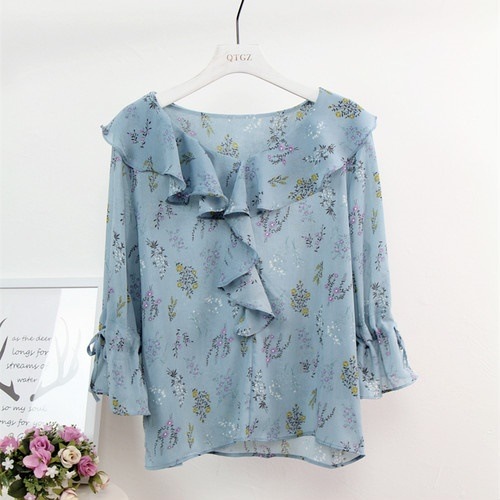 2427.花柄フリルの長袖ブラウス（ブルー）2019 春夏 かわいい 大人 普段使い カジュアル