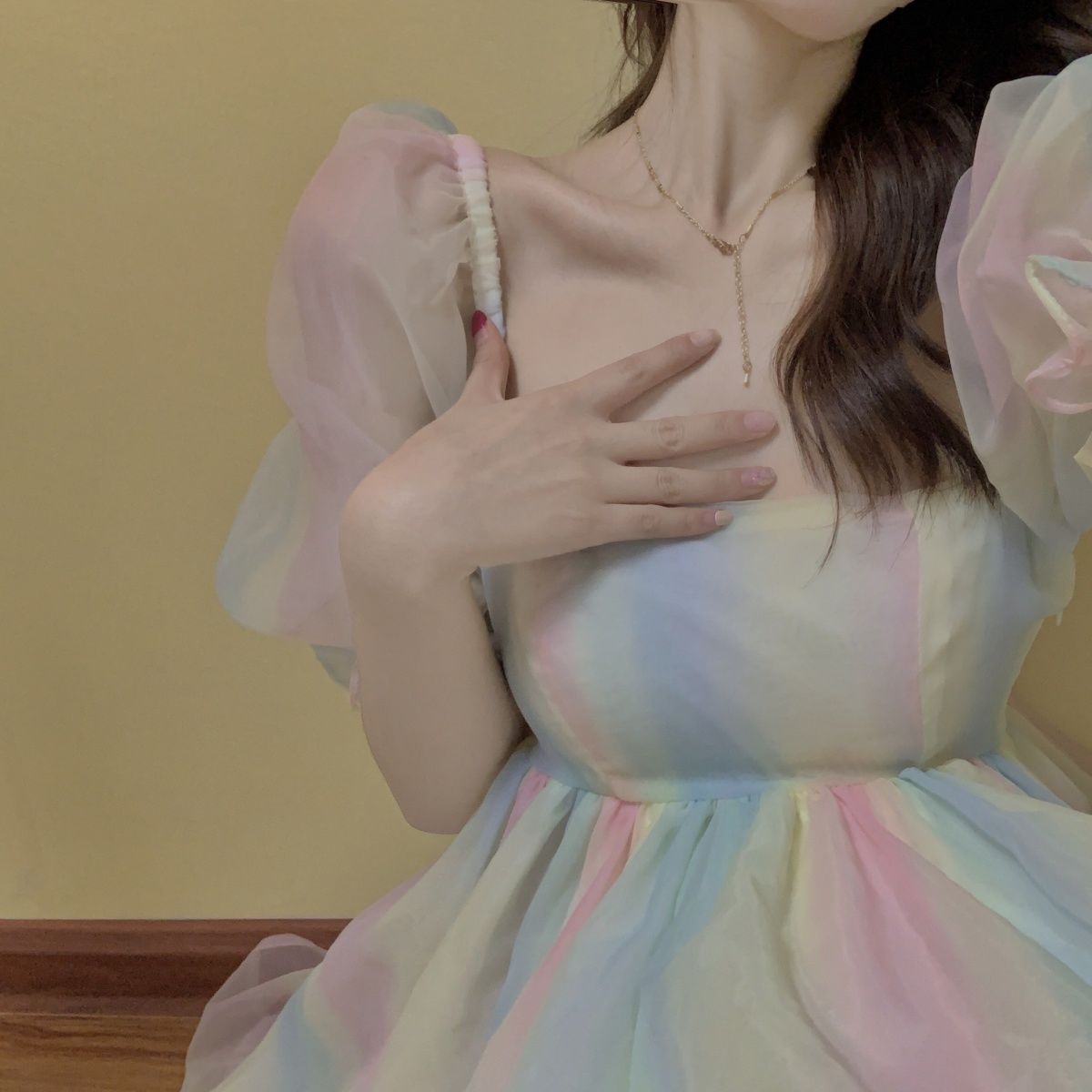 【1つ買うと10つ無料】プリンセス風のドレス夏のスーパー一時的なバブルスリーブスウィートラブスカート