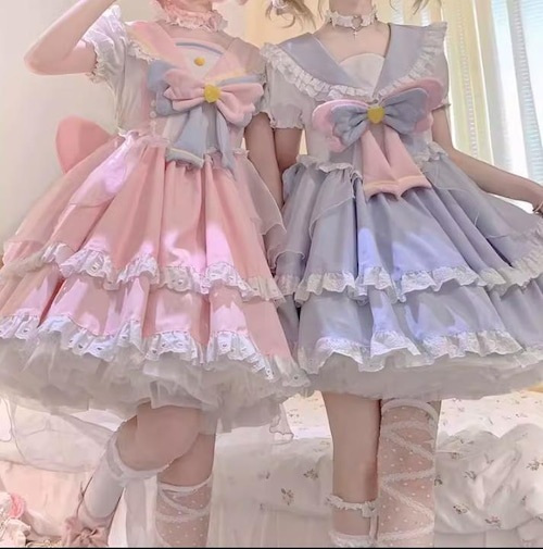 キャンディカラー　制服ワンピース ロリータ かわいい コスプレ ドレス 夏用 長袖 半袖 ドレス