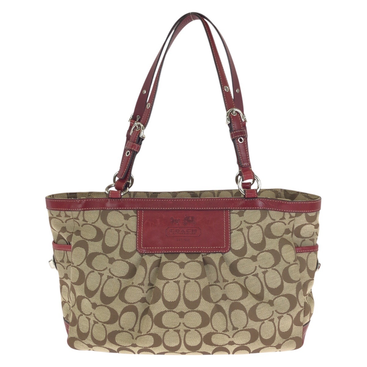 美品 シグネチャー ベージュ レッド シルバー金具 キャンバス/レザー 12729 トートバッグ ショルダーバッグ レディース 602662