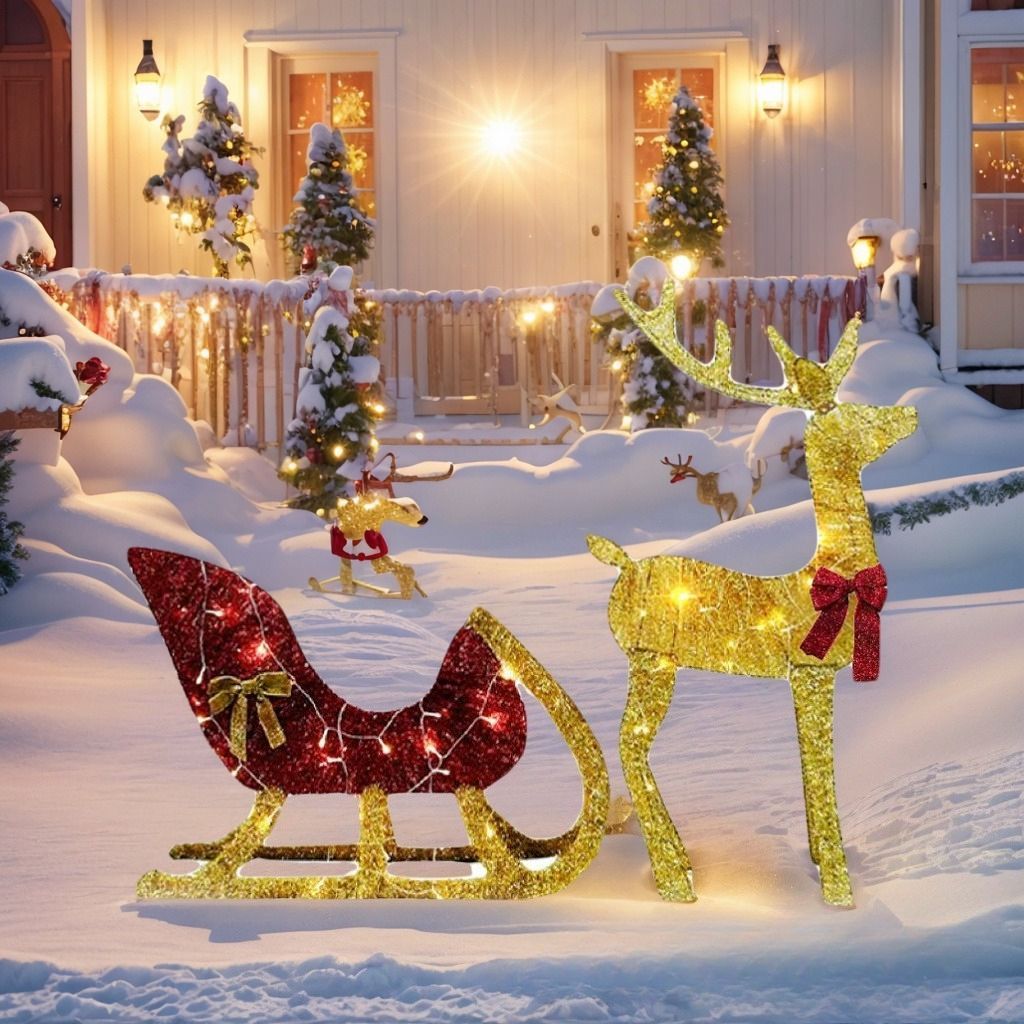 クリスマス ガーデンライト ガーデンオーナメント トナカイとソリ 庭オブジェ 癒しグッズ ガーデニング お庭 玄関ライト 園芸装飾 インテリア オシャレ 防水 ギフト プレゼント 贈り物 庭装飾 電