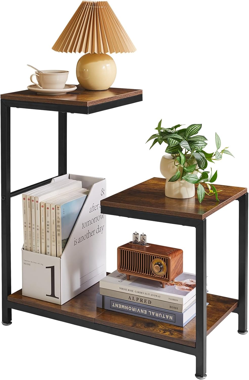 サイドテーブル 3段オープンシェルフ スリム ベッド横 ソファ横 収納棚 アジャスター付 60×30×64cm