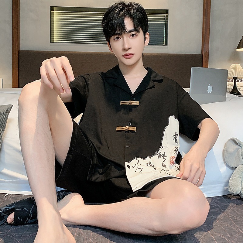 メンズパジャマ夏純綿半袖薄手黒大きいサイズゆったり夏新中国風家庭服セット