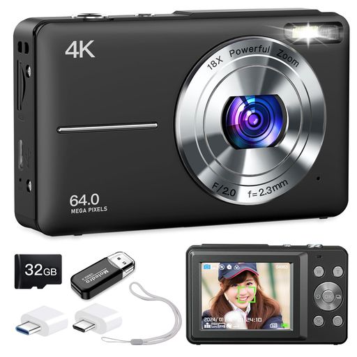 Moledro 4K デジタルカメラ デジカメ 6400万画素 32GBマイクロSDカード付き 18倍デジタルズーム オートフォーカス ウェブカメラ LEDライト 手ぶれ補正 多種類フィルター セルフ