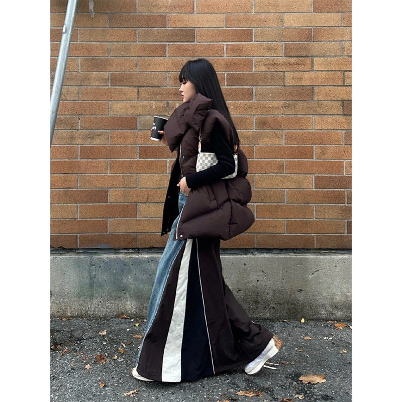 異素材MIXデニムスカート デニムステッチナイロンスカート レディース 春秋 ロングスカート デニムスカート モード系 カジュアルストリート アメカジコーデ オシャレ 可愛い a4721