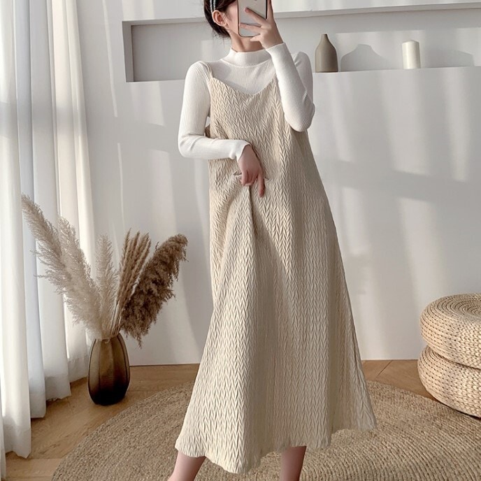 ワンピース ロング丈 膝下 フレア トップス ハイネック 袖あり 長袖 ツーセット 2XL ベージュ ブラウン 個性的 柄 春 秋 普段使い お出かけ レディース 10代 20代 30代