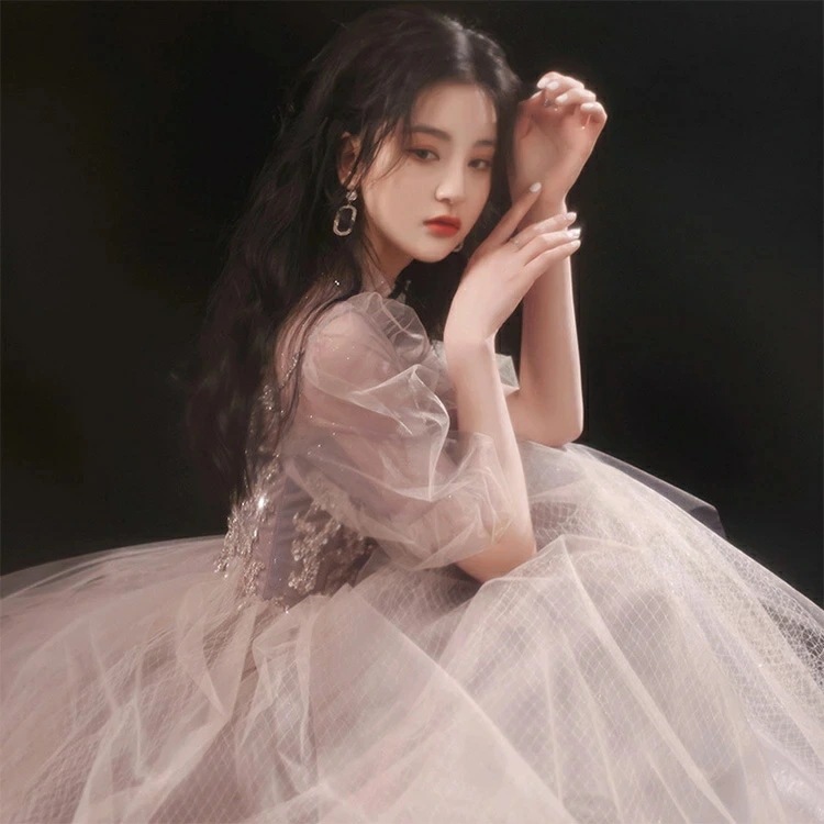 イブニングドレス ロングドレス パフスリーブ チュール ドレス ハイネック 発表会ドレス パーティードレス コンサート コンクール 姫系 お姫様 結婚式ドレス 二次会ドレス お呼ばれドレス 成人式ドレ