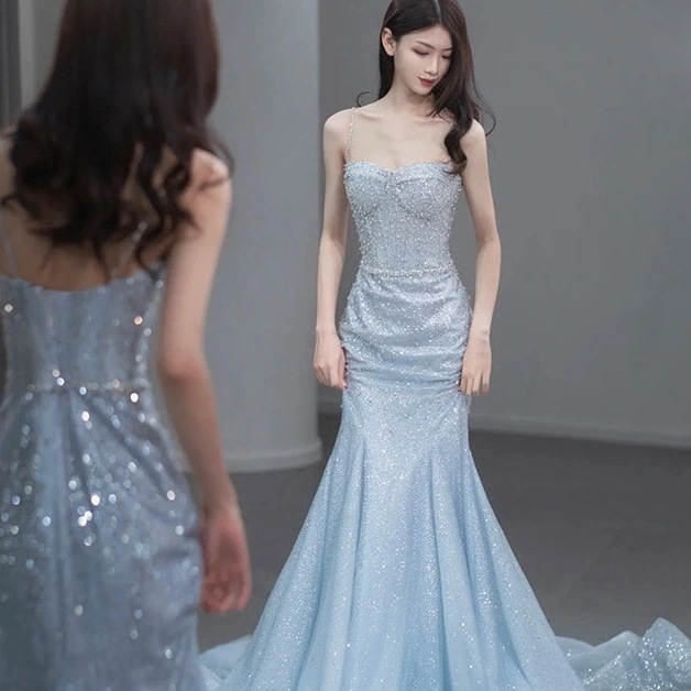 パーティドレス ブルー フレンチサスペンダー ワン ファッション ホスト パーティー 卒業式 結婚式 誕生日 演奏会 花嫁 司会(ガラス瓶)