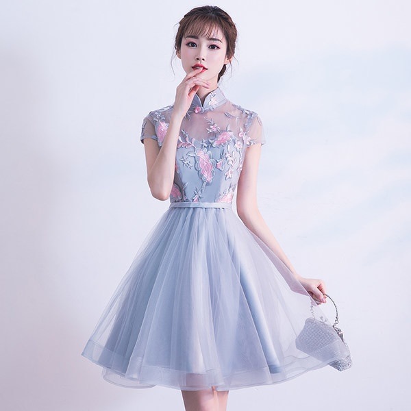 1639.花柄シースルーAラインドレス（グレー）2019 春夏 sale 結婚式 ウエディング パーティー ブライダル ブライドメイド