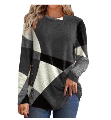 ヨーロッパとアメリカのeBayボタン幾何学的長い長いスリーブスリーブの印刷されたルーズTシャツの女性のトップ