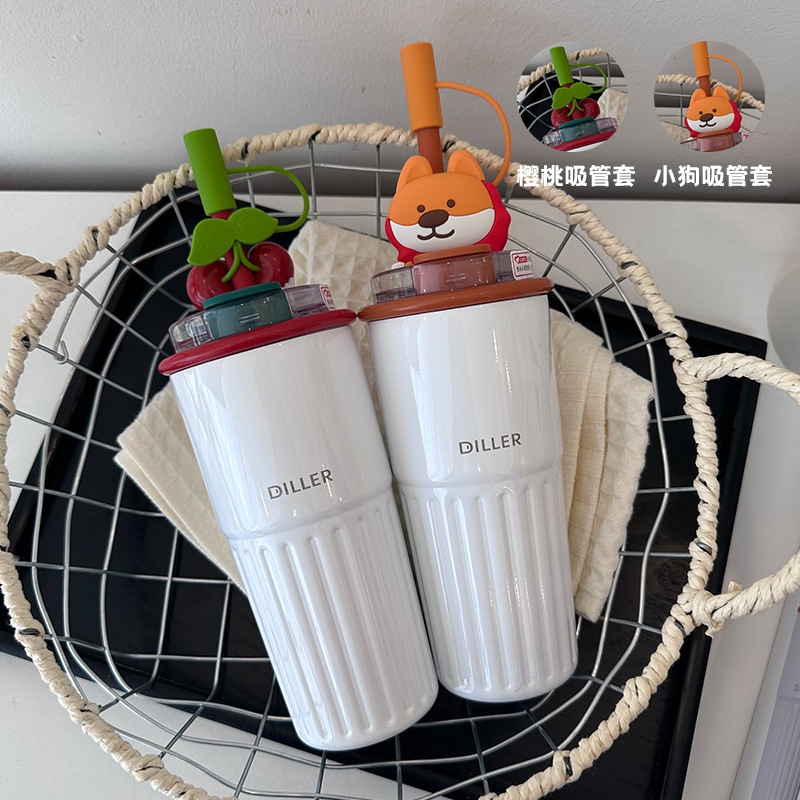 女の子用ダイルチェリーストロー断熱カップ高精度大容量ウォーターカップ316ステンレス鋼ダブルドリンクポータブルウォーターカップ