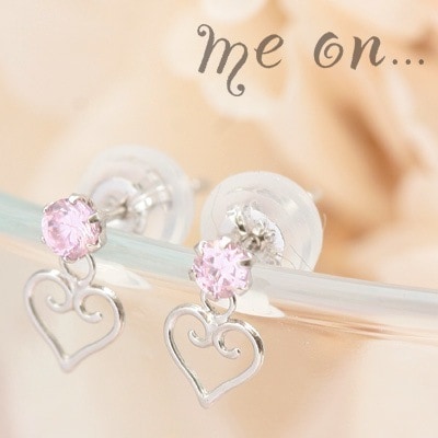 me on... K10ホワイトゴールド ロマンティックハート ピンクキュービックジルコニア ピアス
