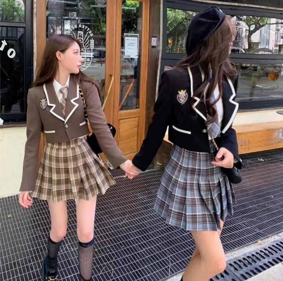 クロップド丈 ジャケット シャツ チェック柄 プリーツスカート セットアップ ブラウス トップス ブレザー 制服 ネクタイ ミニスカート ショート丈 ボトムス 長袖 JK 女子高生 3点セット