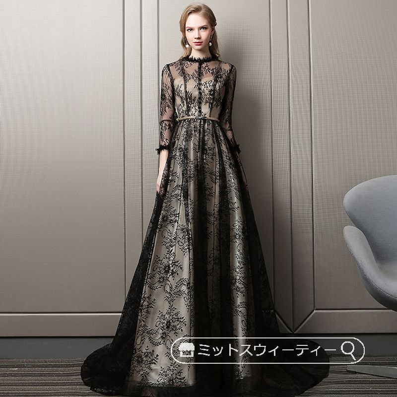 カラードレス パーティードレス Aライン ブラック レース 演奏会 発表会 フォマールドレス イブニ