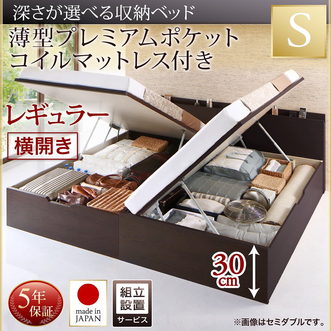 [組立設置付]国産 跳ね上げ収納ベッド [レナーチDB] ダークブラウン [薄型プレミアムポケットコイルマットレス付き] 横開き シングル 深さレギュラー [フレーム色]ダークブラウン