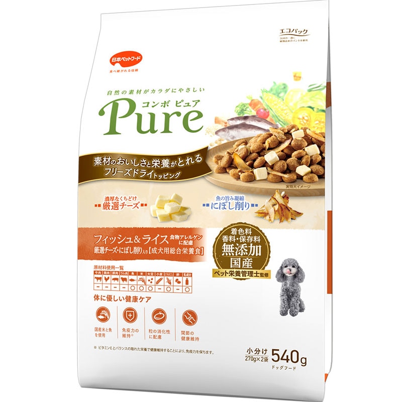 （まとめ買い）日本ペットフード コンボ ピュア ドッグ フィッシュ&ライス 540g 犬用フード [x4]