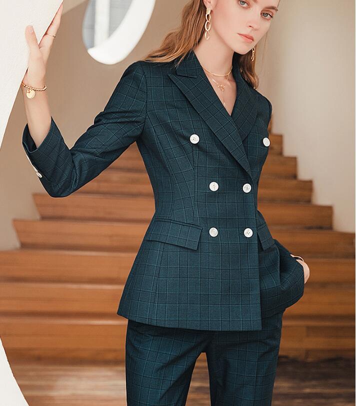 凄く人気がある 新品入荷 上品 緑/グリーン チェック柄 セットアップ 2ピーススーツ 2点セット ジャケット+パンツ ビジネス 上下セット 通勤 OL 着痩せ レディーススーツ S～3XLママスーツ