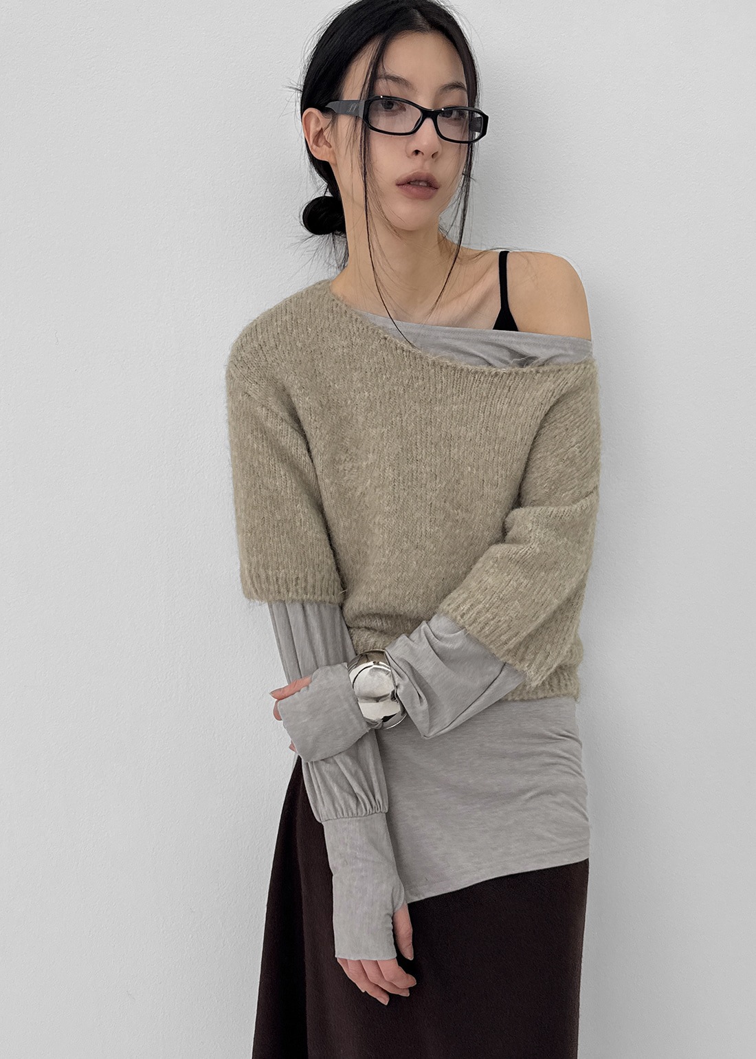 Linka レイヤード ボートネック 半袖 ウールニット