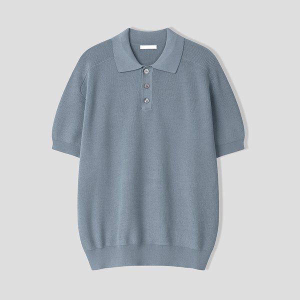 メンズ シンプル ボタン カラネック 半袖 ニットTシャツ AS-KNH-Q016-ソラ