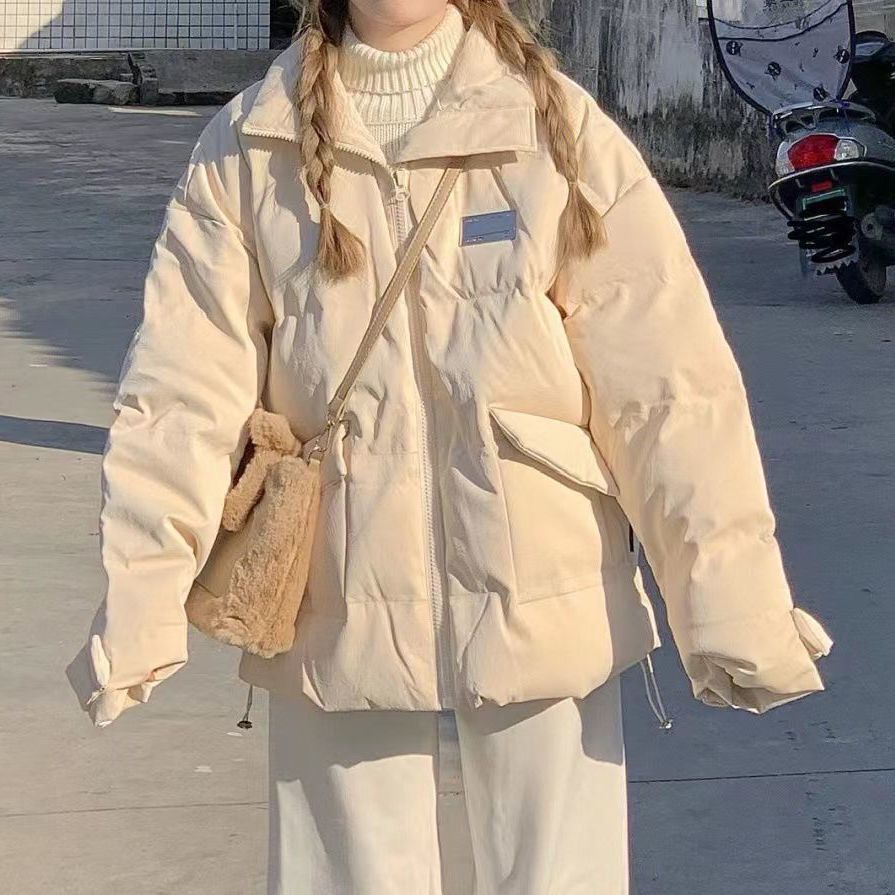 韓国版ファッション高街pu皮杏色ダウンジャケット女性2024年冬新型香港風学生パン服コート