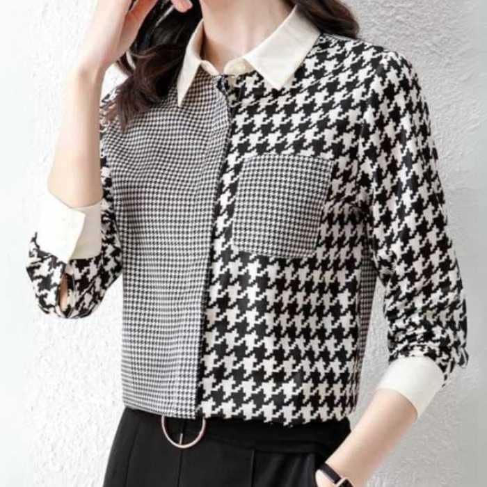 きれいめレディースファッション トップス M L XL 2XL 3XL 千鳥格子チェックの異素材シャツ