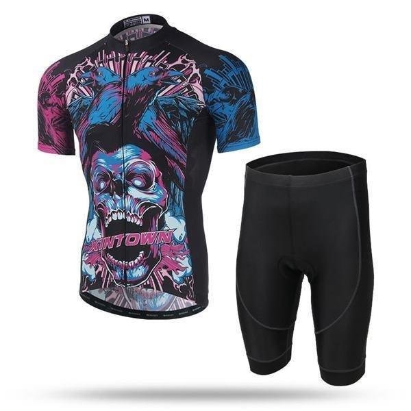 夏 運動 自転車ウェア サイクリング裏ウエア 吸汗 速乾 ジャケット バイク おしゃれ スカル サイクルウェア 半袖 上下2点セット