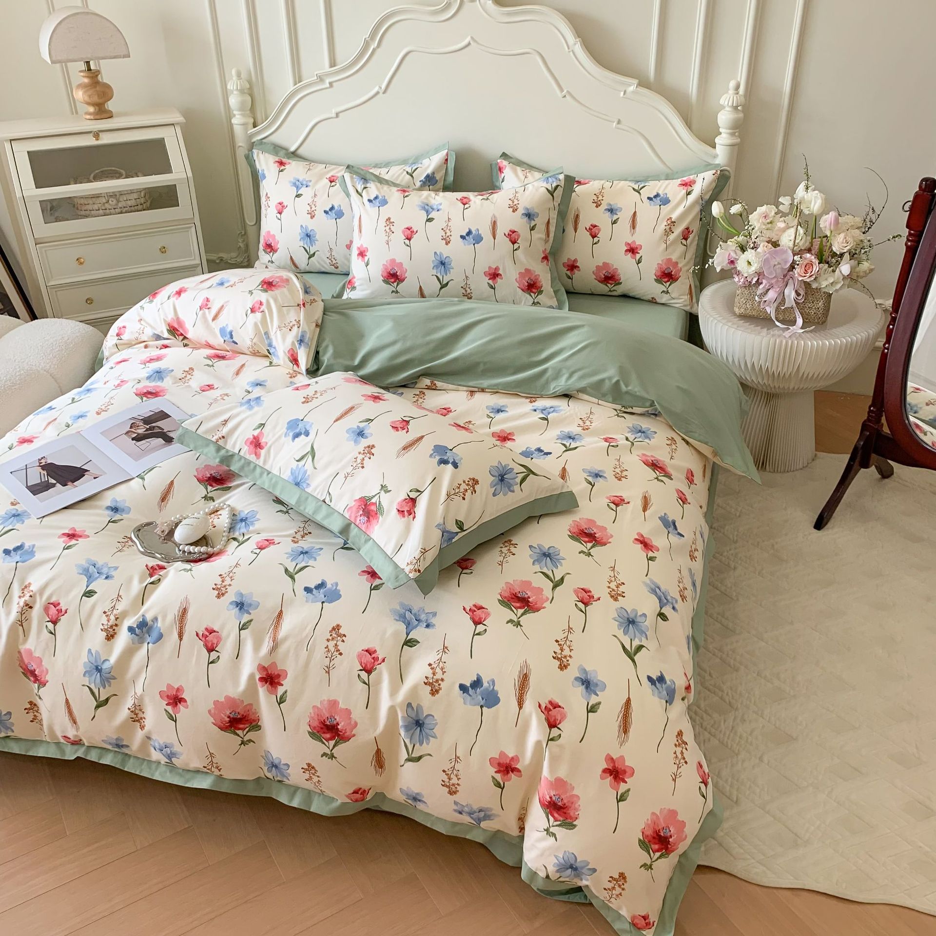 フレンチパストラルスタイルの綿100純綿掛け布団カバーと寝具の4点セットパストラルスタイルの寝具4点セット 10,752円