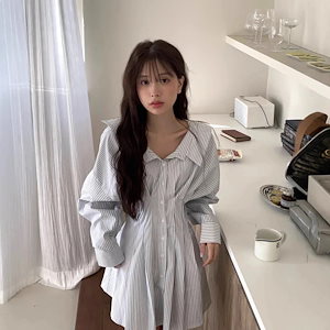 [本日特典]ボーダーシャツワンピ 春新作 甘め 背中クロスリボン ウエストマークミニ丈ワンピース